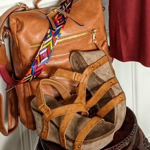 Tan backpack purse with colorful strap!